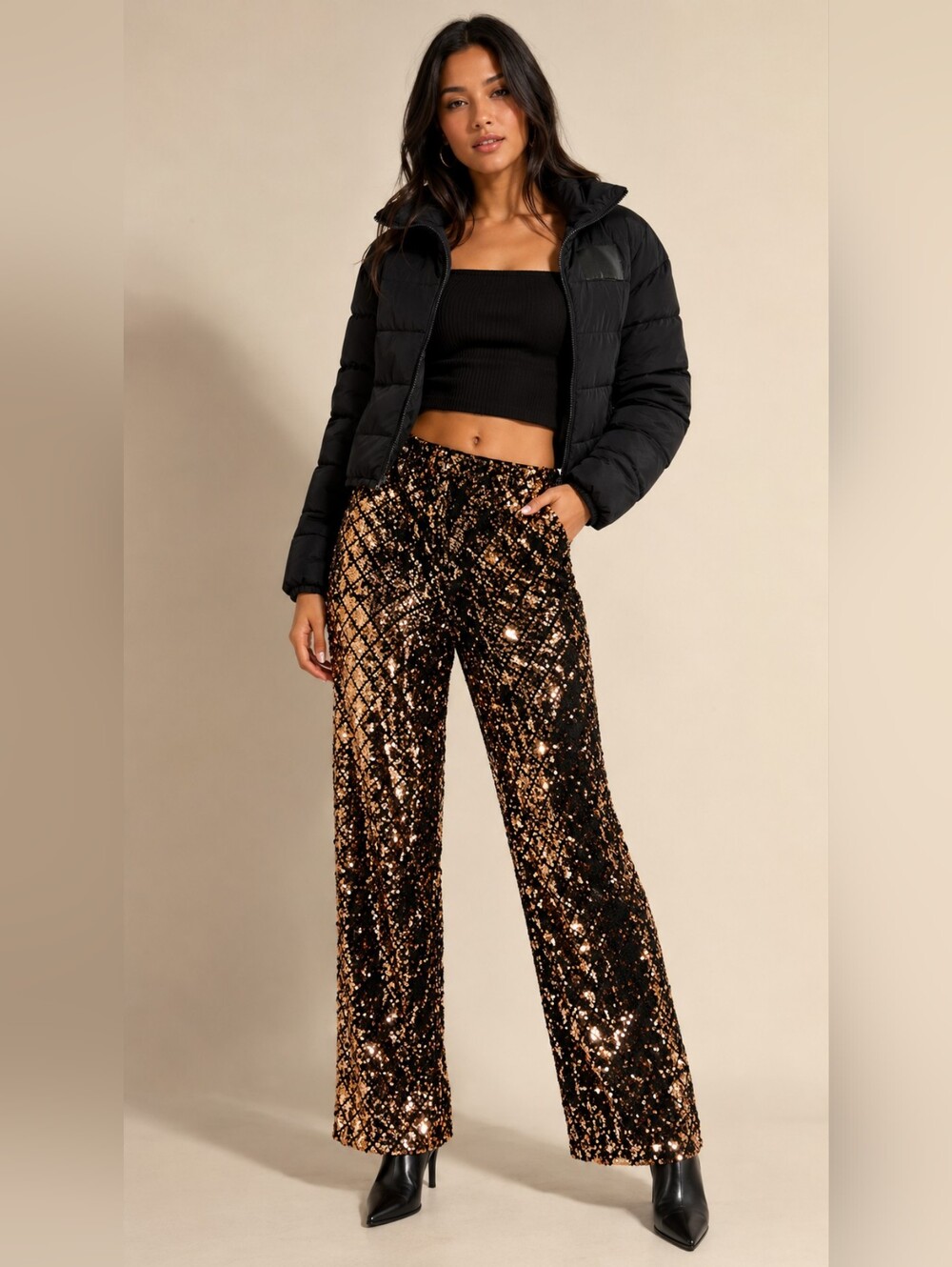 Sequined Wide-Leg Pants in Black and Gold